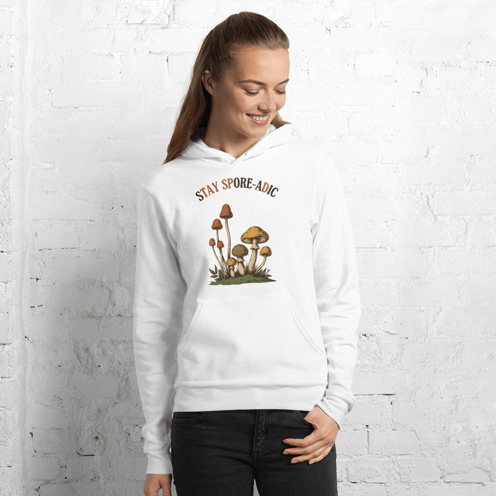 Stay Spore-adic funny vintage mushroom hoodie — White, on model