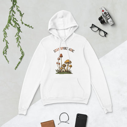 Stay Spore-adic funny vintage mushroom hoodie — White, flat lay