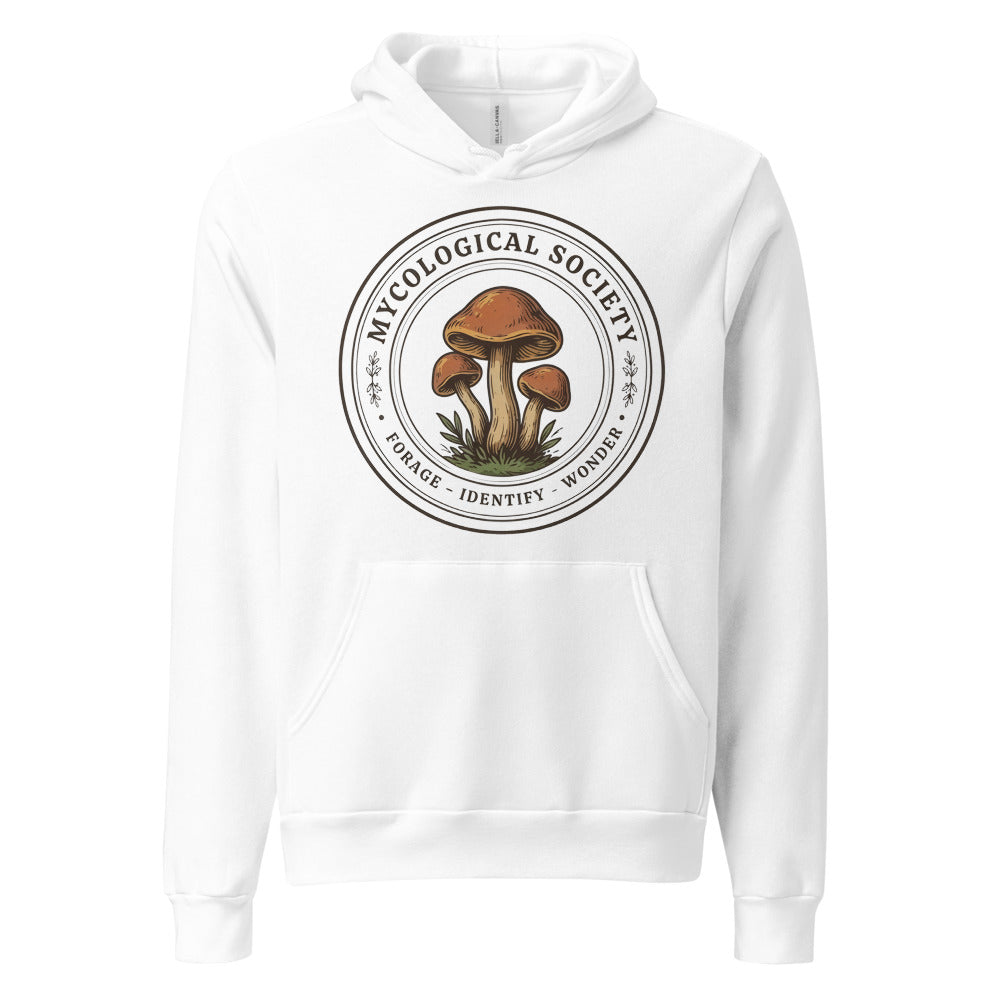 Mushroom Foraging Mycological Society vintage botanical hoodie — White, front