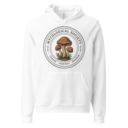 Mushroom Foraging Mycological Society vintage botanical hoodie — White, front