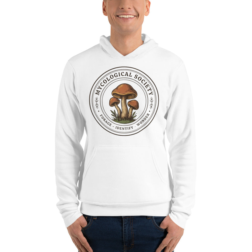Mushroom Foraging Mycological Society vintage botanical hoodie — White, on model