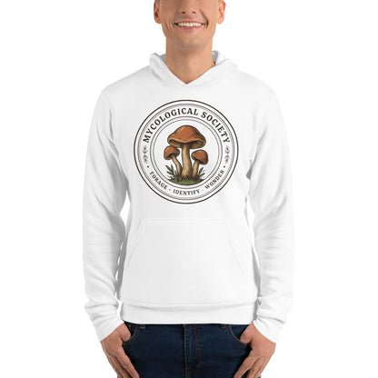 Mushroom Foraging Mycological Society vintage botanical hoodie — White, on model