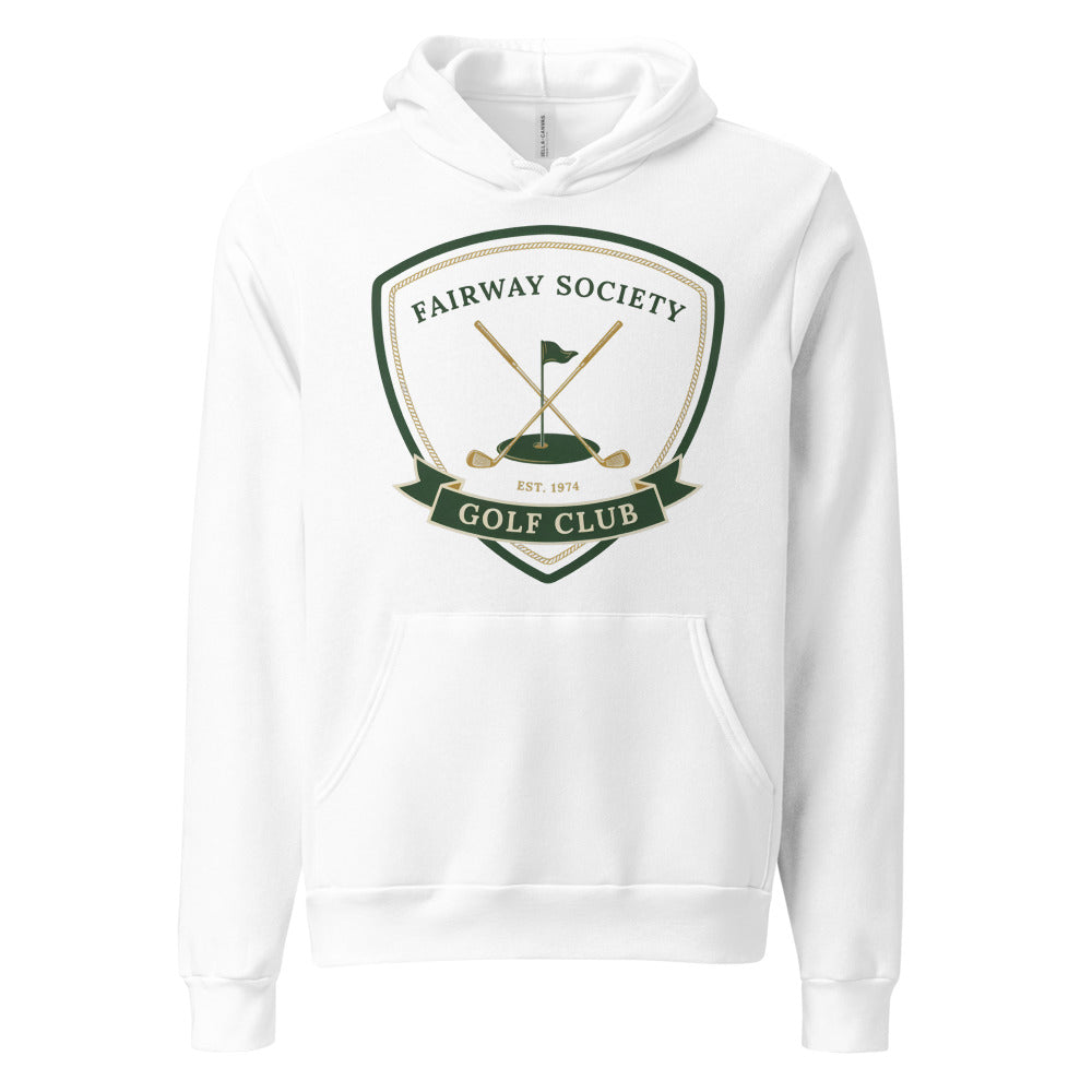 Fairway Society vintage golf club crest hoodie — White, front