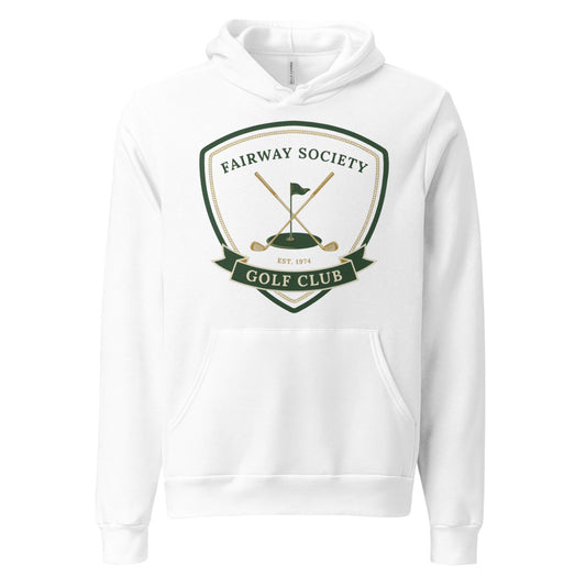 Fairway Society vintage golf club crest hoodie — White, front