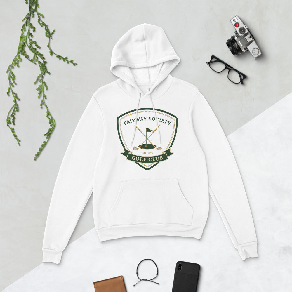 Fairway Society vintage golf club crest hoodie — White, flat lay