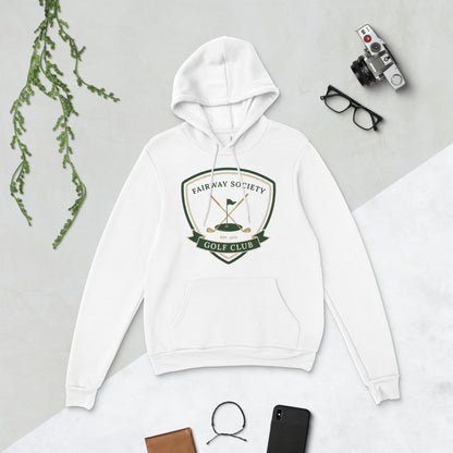 Fairway Society vintage golf club crest hoodie — White, flat lay