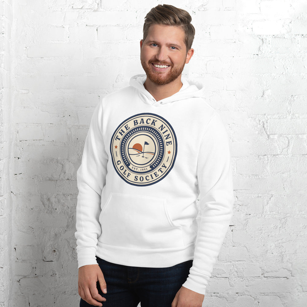 The Back Nine vintage golf roundel hoodie — White, on model