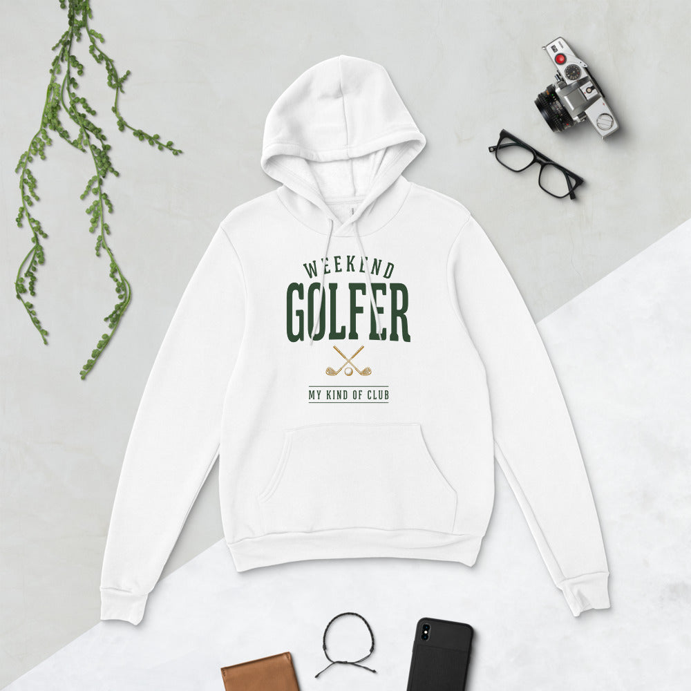 Weekend Golfer vintage golf wordmark hoodie — White, flat lay
