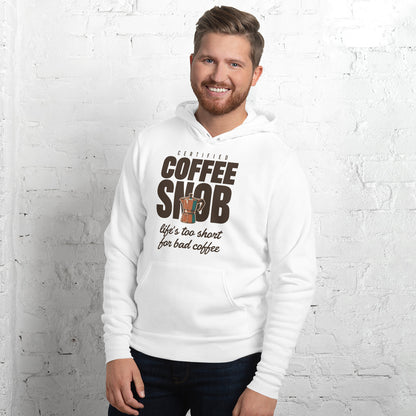Certified Coffee Snob coffee hoodie — White, on model