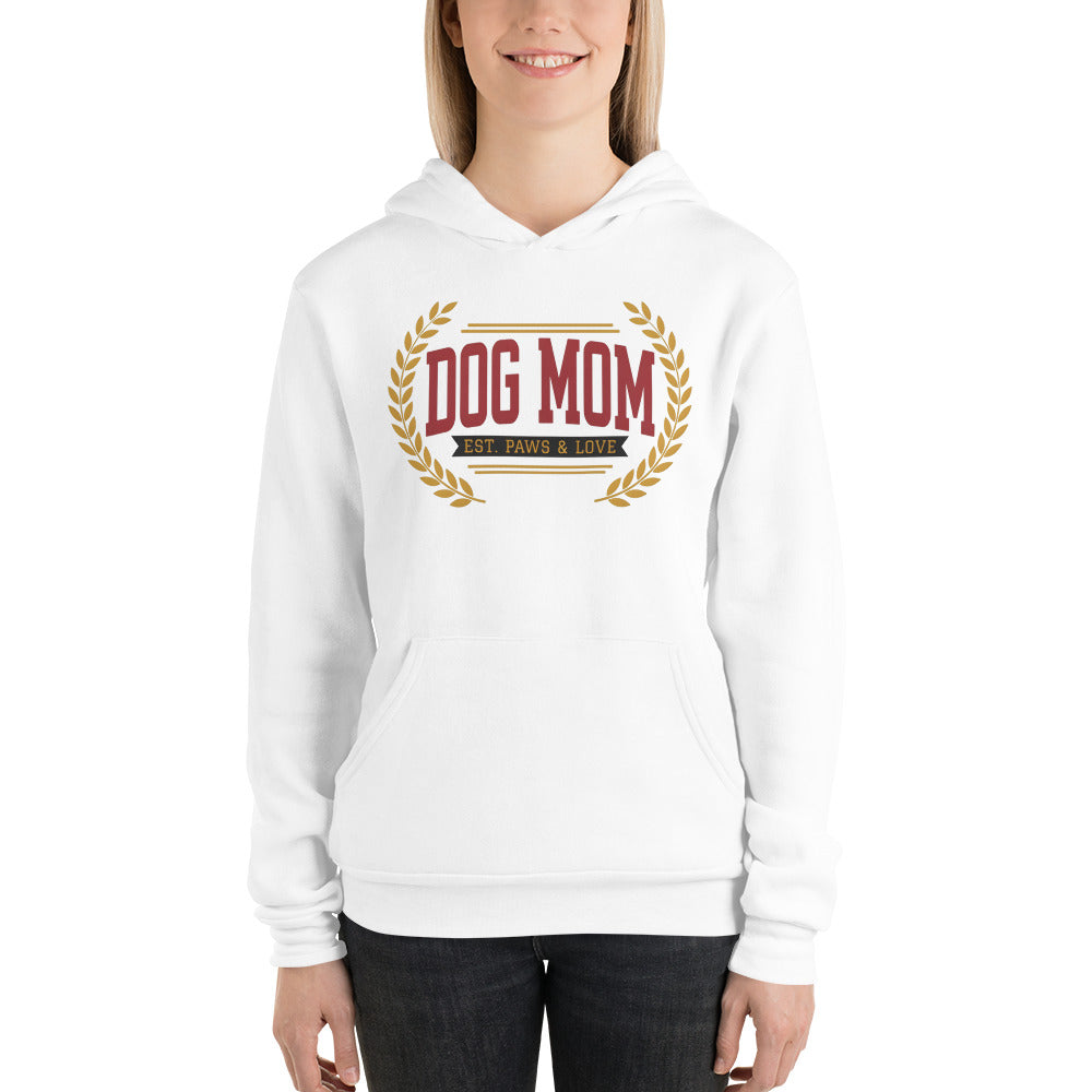 Dog Mom vintage varsity wordmark hoodie — White, on model