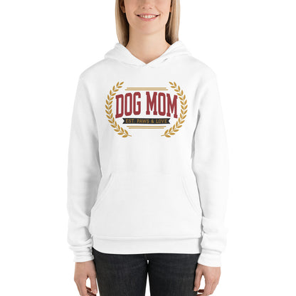 Dog Mom vintage varsity wordmark hoodie — White, on model