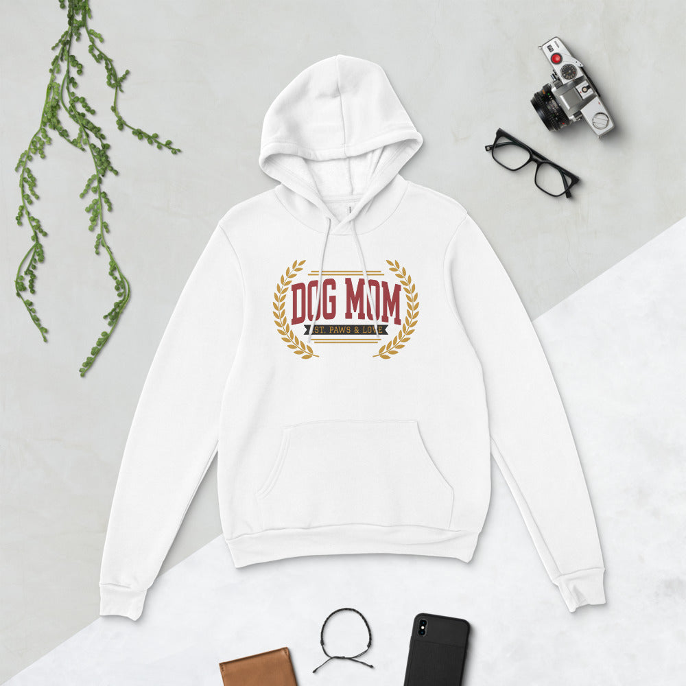 Dog Mom vintage varsity wordmark hoodie — White, flat lay