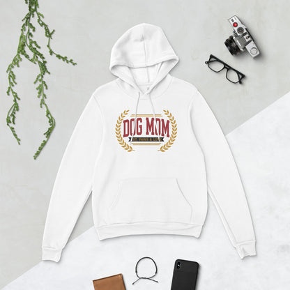 Dog Mom vintage varsity wordmark hoodie — White, flat lay