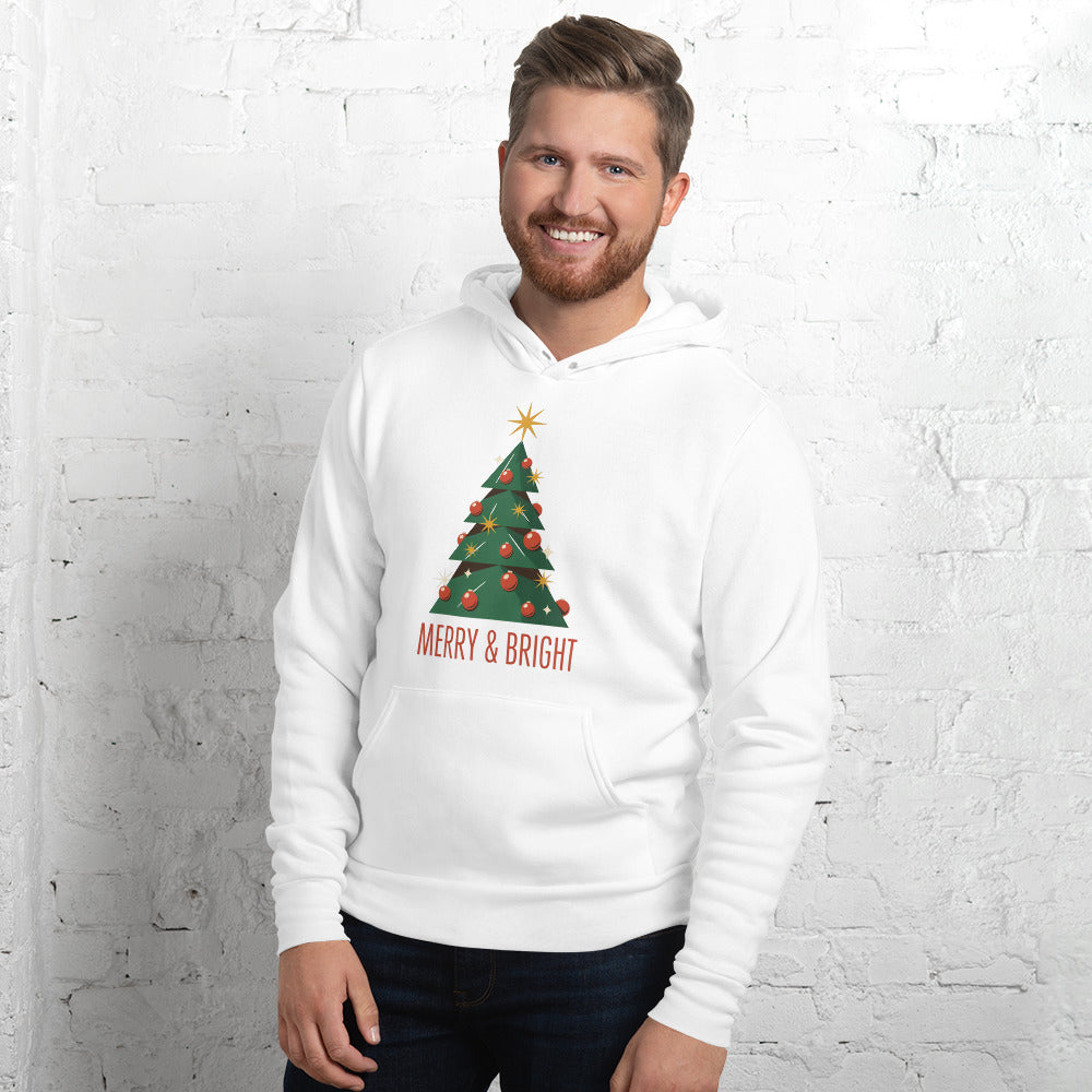 Atomic mid-century retro Christmas tree hoodie — White, on model