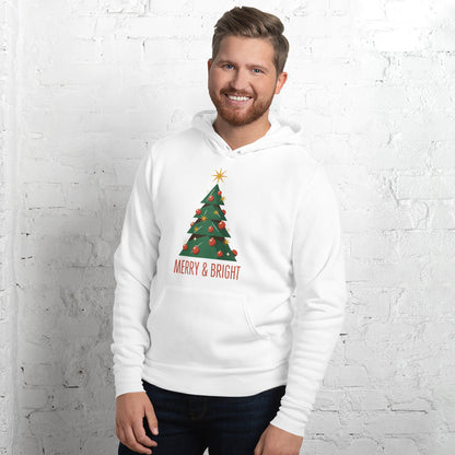 Atomic mid-century retro Christmas tree hoodie — White, on model