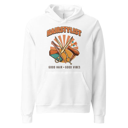 Retro Salon Hairstylist good hair good vibes hoodie — White, front