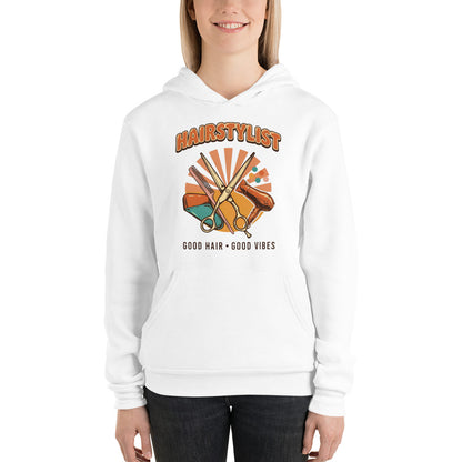 Retro Salon Hairstylist good hair good vibes hoodie — White, on model