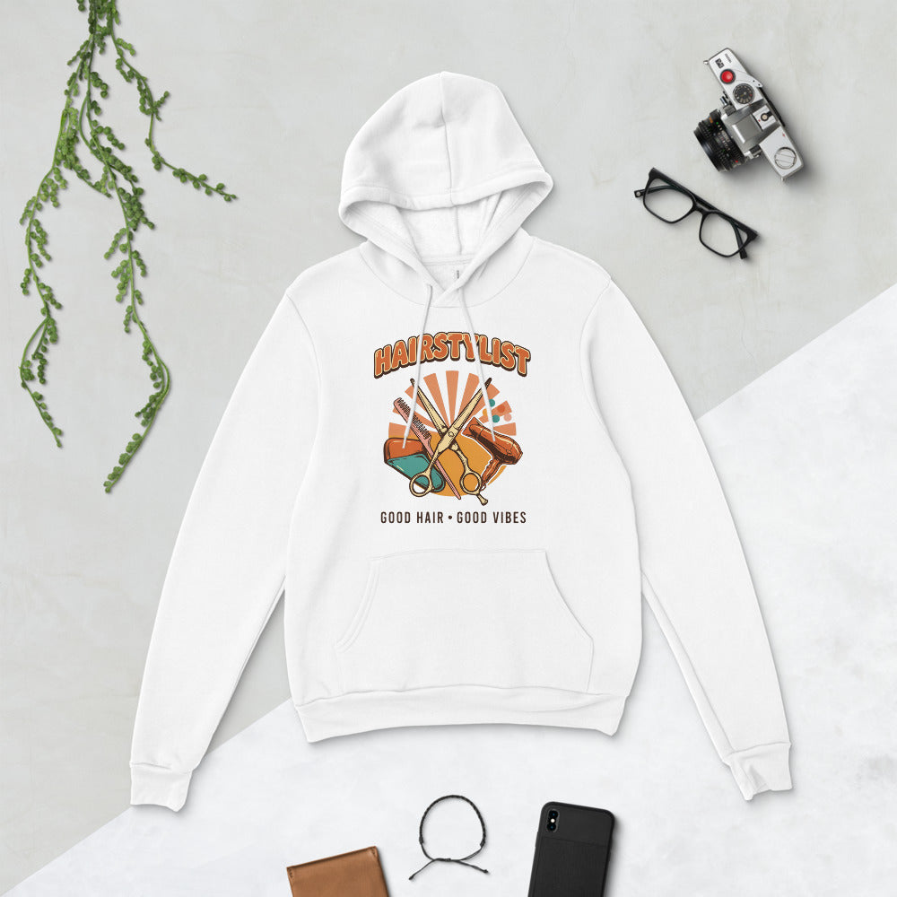 Retro Salon Hairstylist good hair good vibes hoodie — White, flat lay
