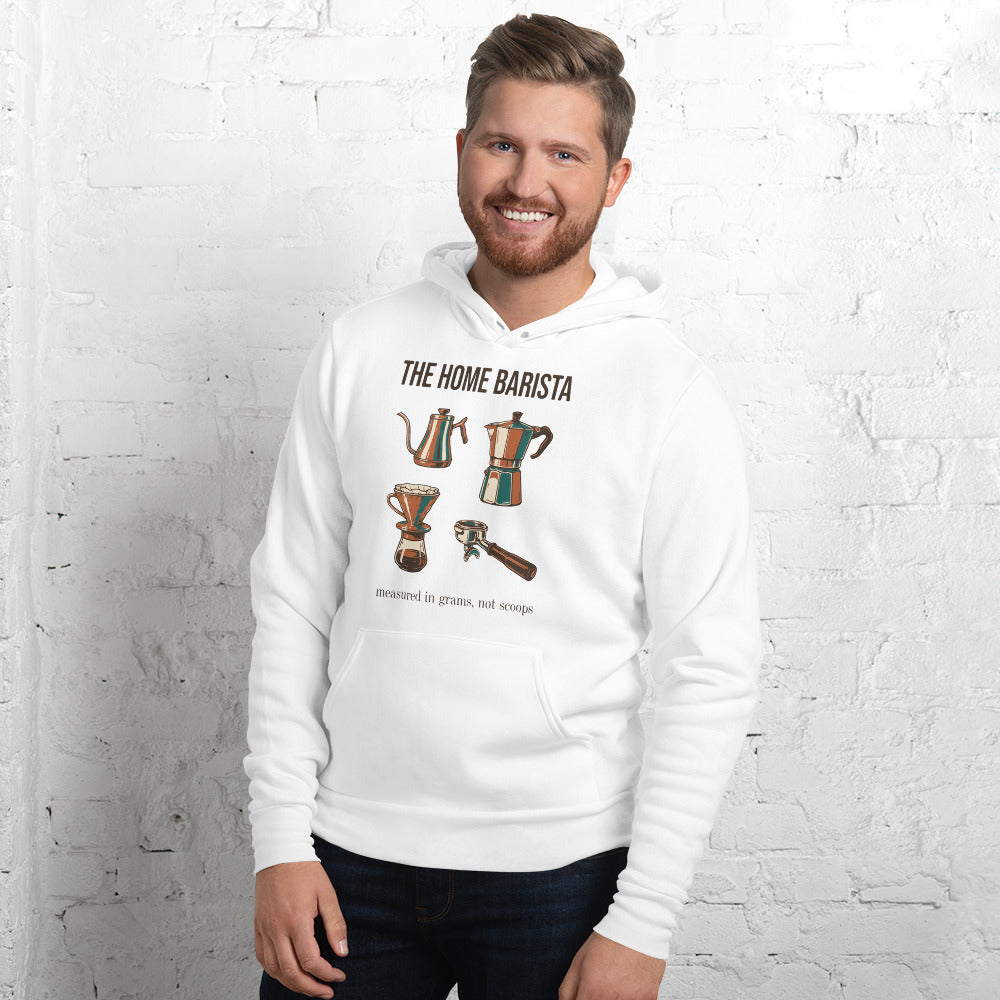 The Home Barista specialty coffee hoodie — White, on model