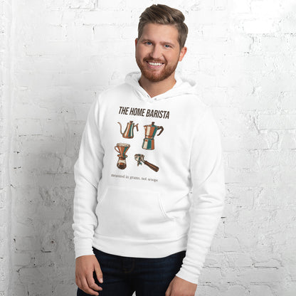 The Home Barista specialty coffee hoodie — White, on model