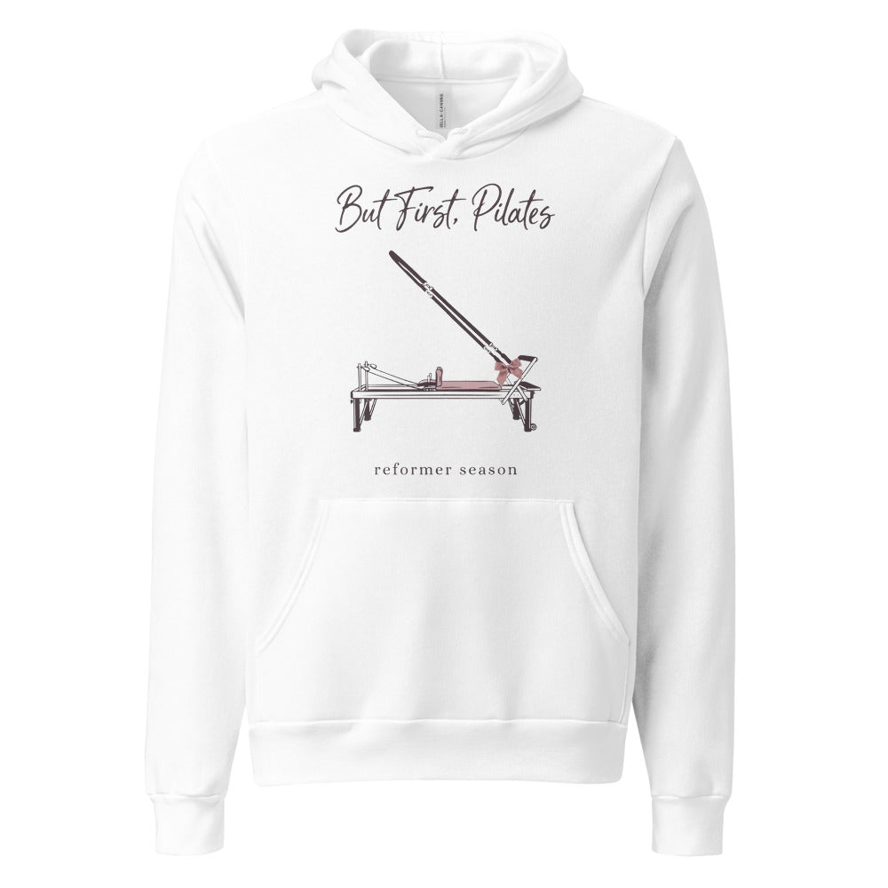 But First Pilates reformer line-art hoodie — White, front