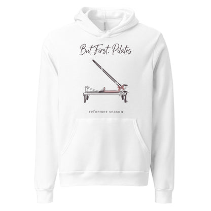 But First Pilates reformer line-art hoodie — White, front