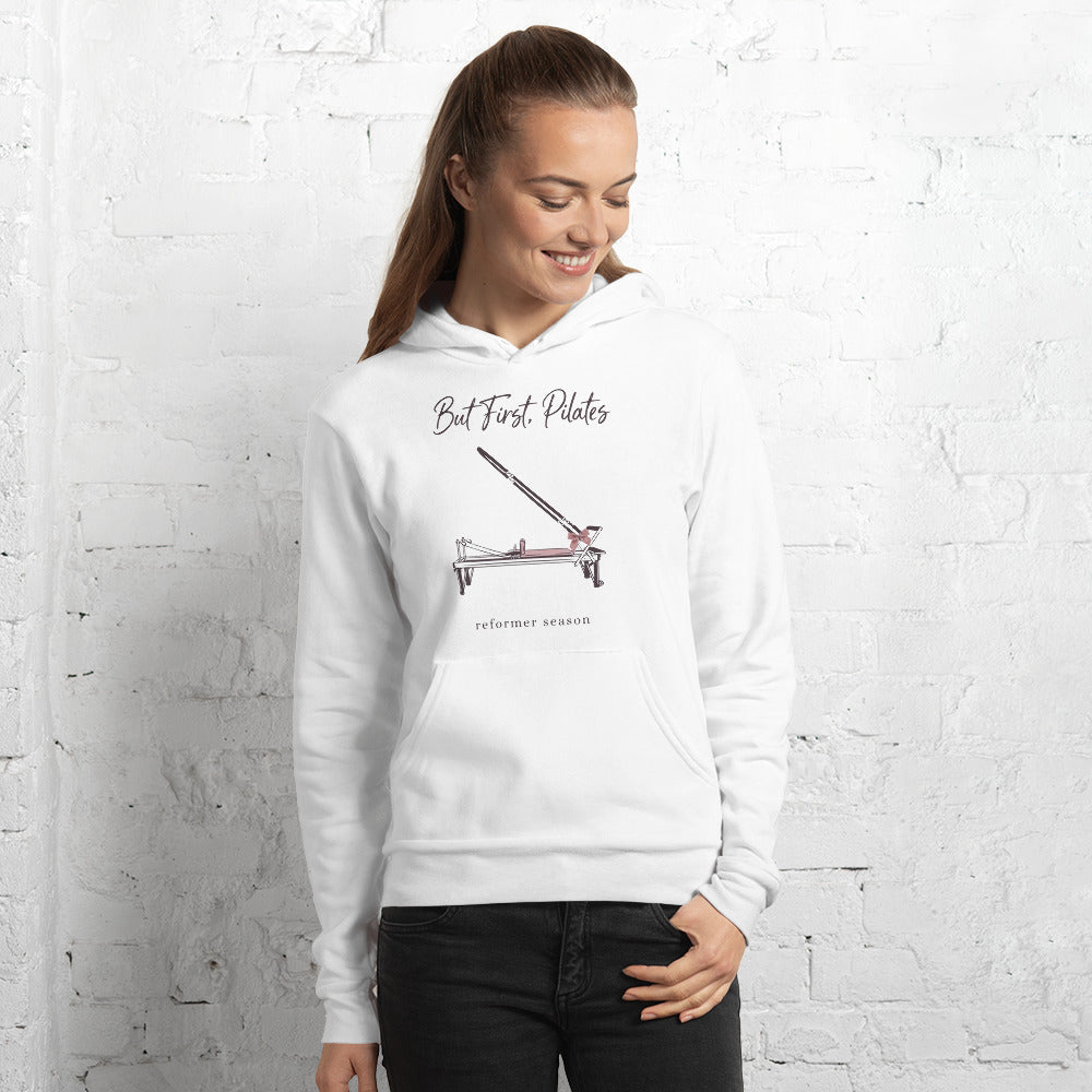 But First Pilates reformer line-art hoodie — White, on model