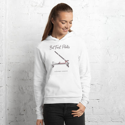 But First Pilates reformer line-art hoodie — White, on model
