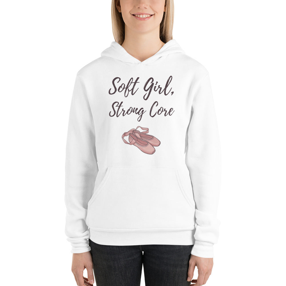 Soft Girl Strong Core ballet coquette pilates hoodie — White, on model
