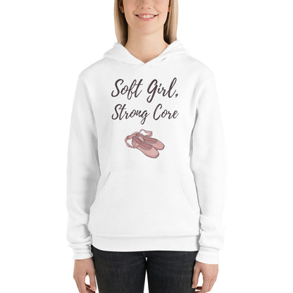 Soft Girl Strong Core ballet coquette pilates hoodie — White, on model