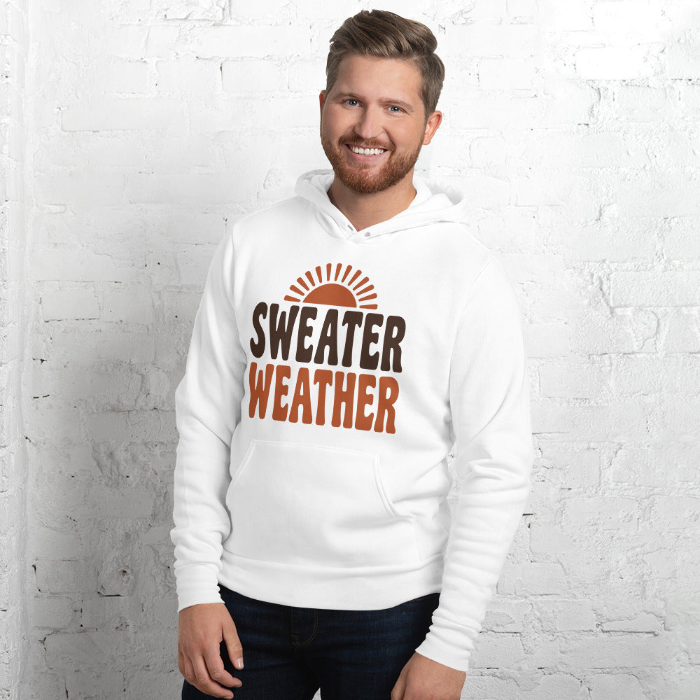 Sweater Weather retro 70s fall hoodie — White, on model