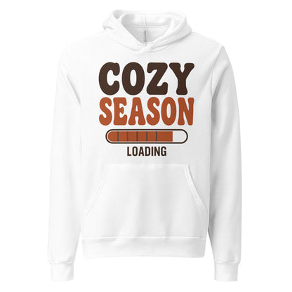Cozy Season Loading retro 70s fall hoodie — White, front