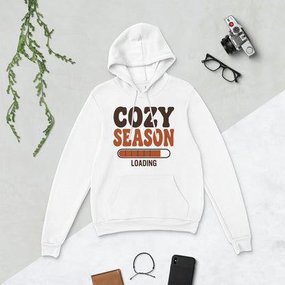 Cozy Season Loading retro 70s fall hoodie — White, flat lay