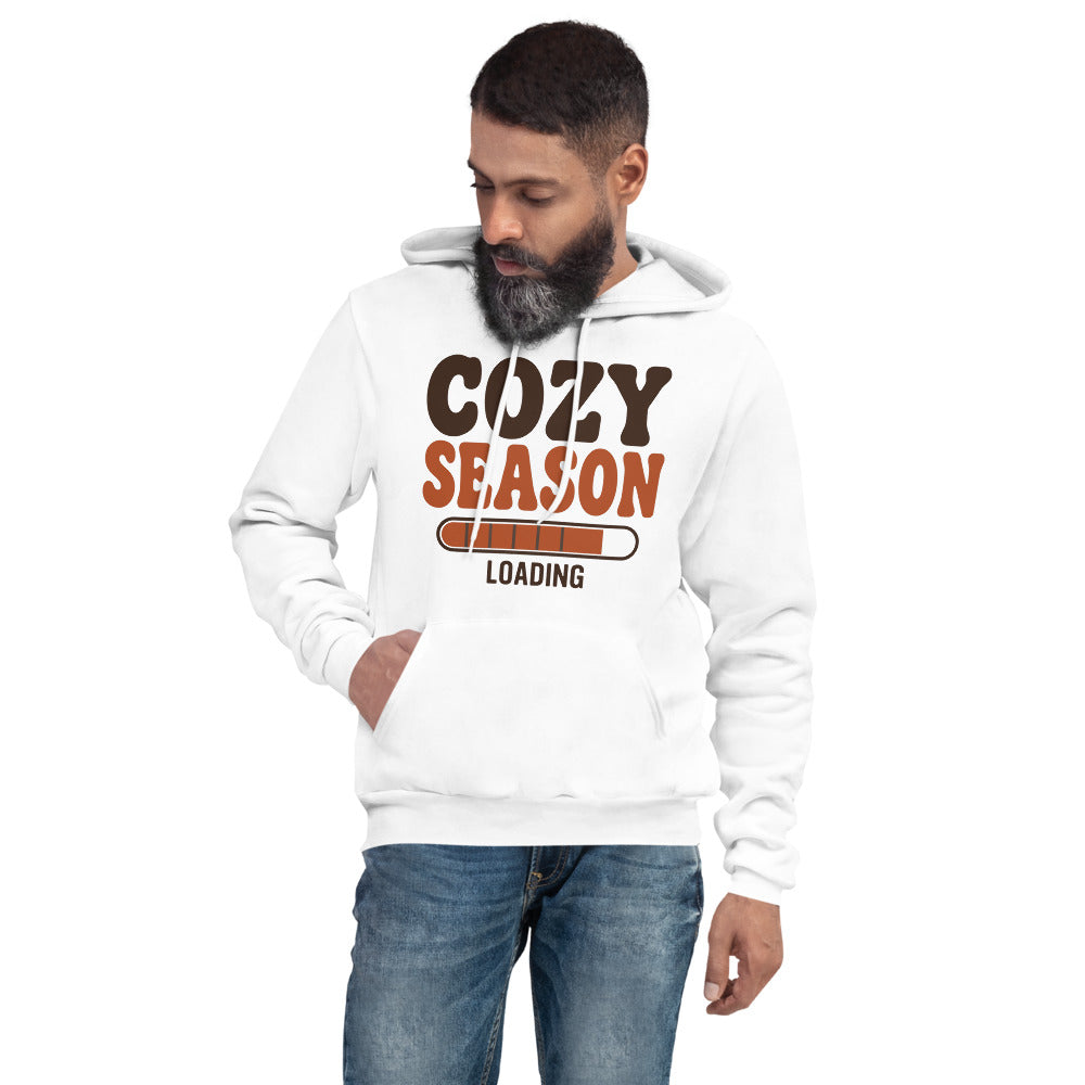 Cozy Season Loading retro 70s fall hoodie — White, on model