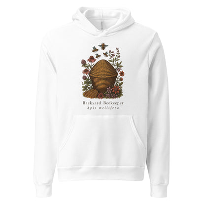Backyard Beekeeper field-guide bee hoodie — White, front