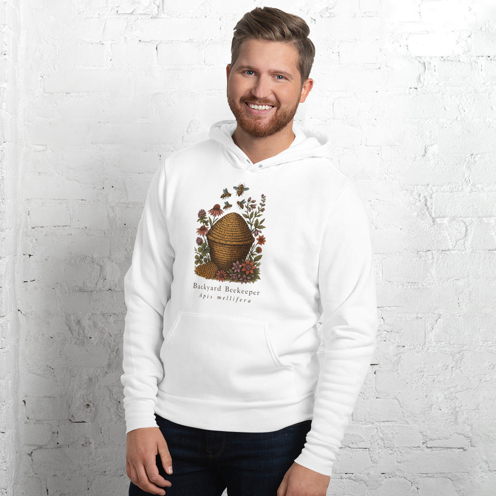 Backyard Beekeeper field-guide bee hoodie — White, on model