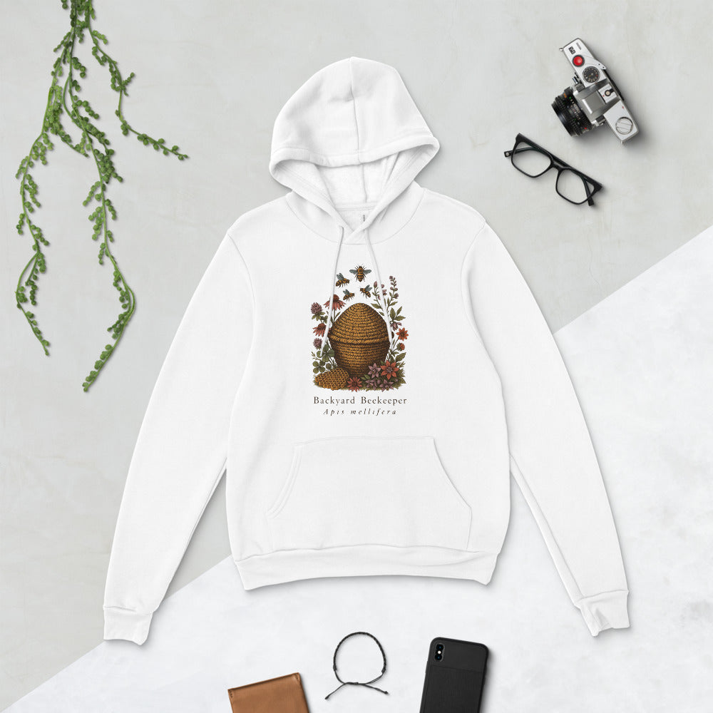 Backyard Beekeeper field-guide bee hoodie — White, flat lay