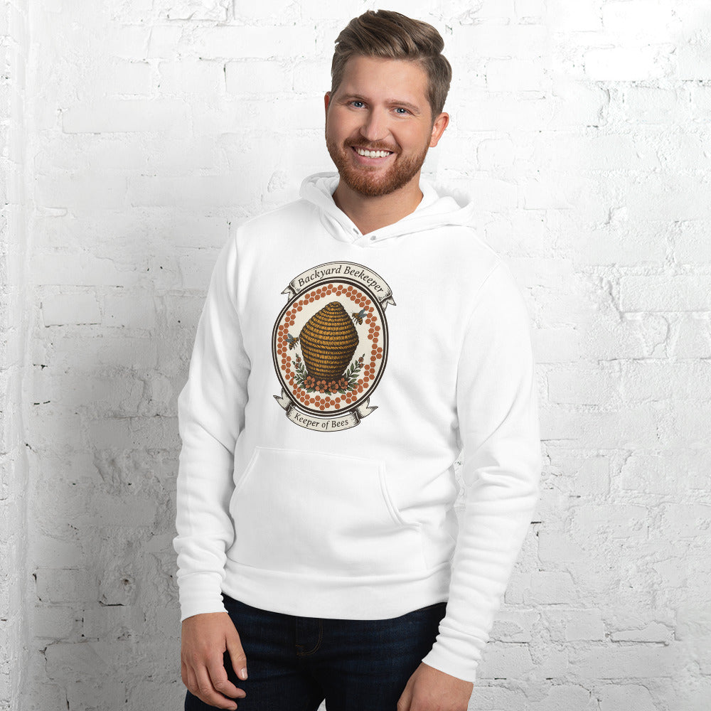 Backyard Beekeeper Keeper of Bees vintage apiary crest hoodie — White, on model