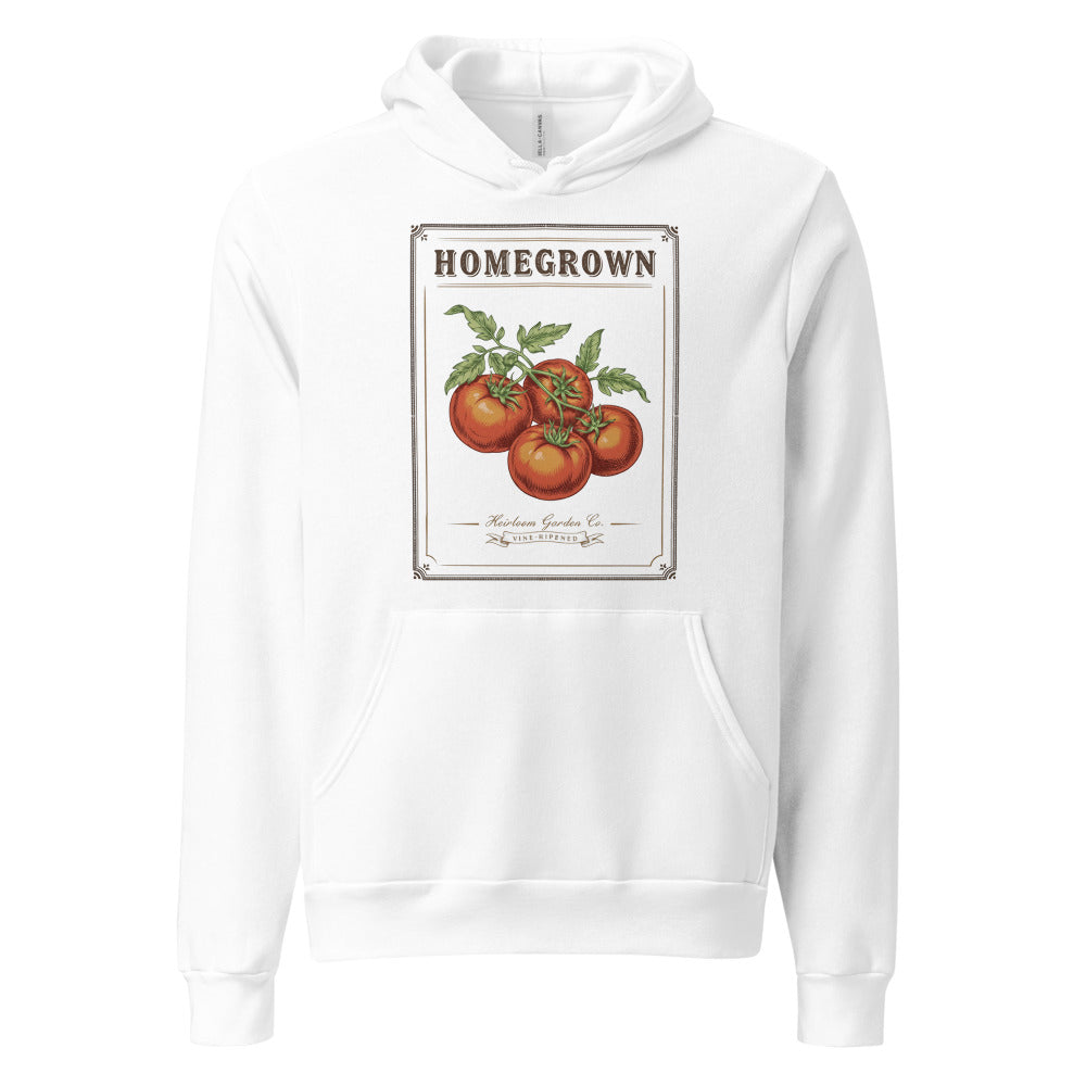 Homegrown Heirloom Seed Packet gardening hoodie — White, front
