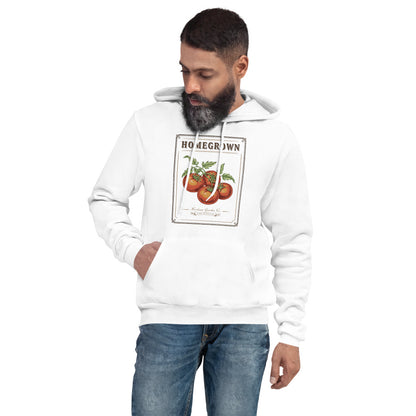 Homegrown Heirloom Seed Packet gardening hoodie — White, on model