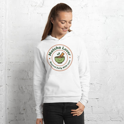 Matcha Lover retro café badge hoodie — White, on model