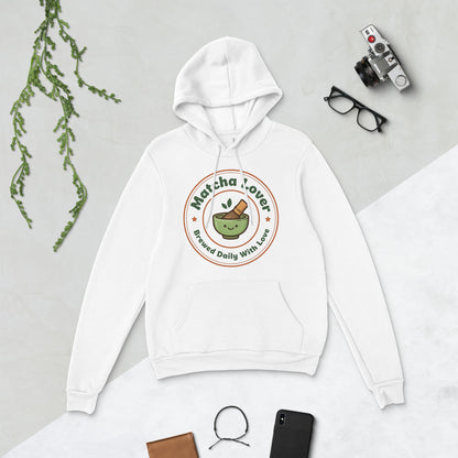 Matcha Lover retro café badge hoodie — White, flat lay