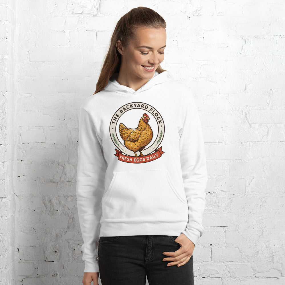 Backyard Flock heritage chicken keeper hoodie — White, on model