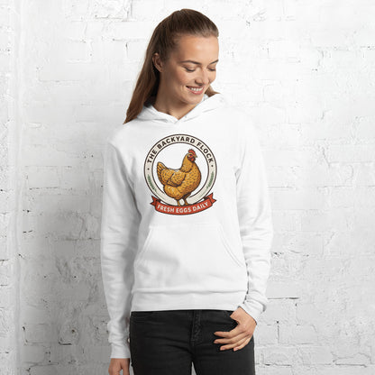 Backyard Flock heritage chicken keeper hoodie — White, on model