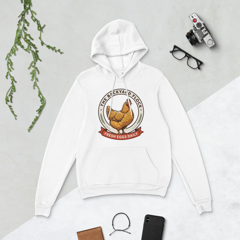 Backyard Flock heritage chicken keeper hoodie — White, flat lay