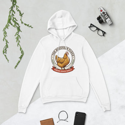 Backyard Flock heritage chicken keeper hoodie — White, flat lay