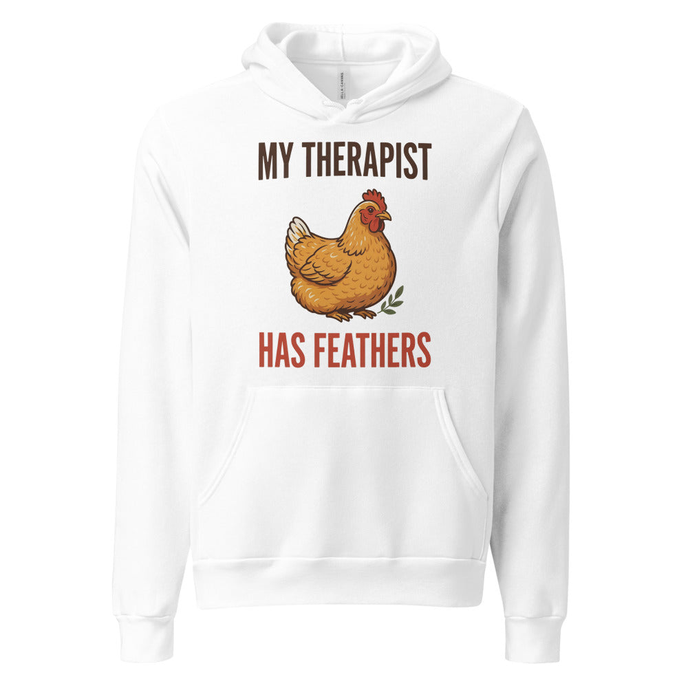My Therapist Has Feathers funny chicken keeper hoodie — White, front