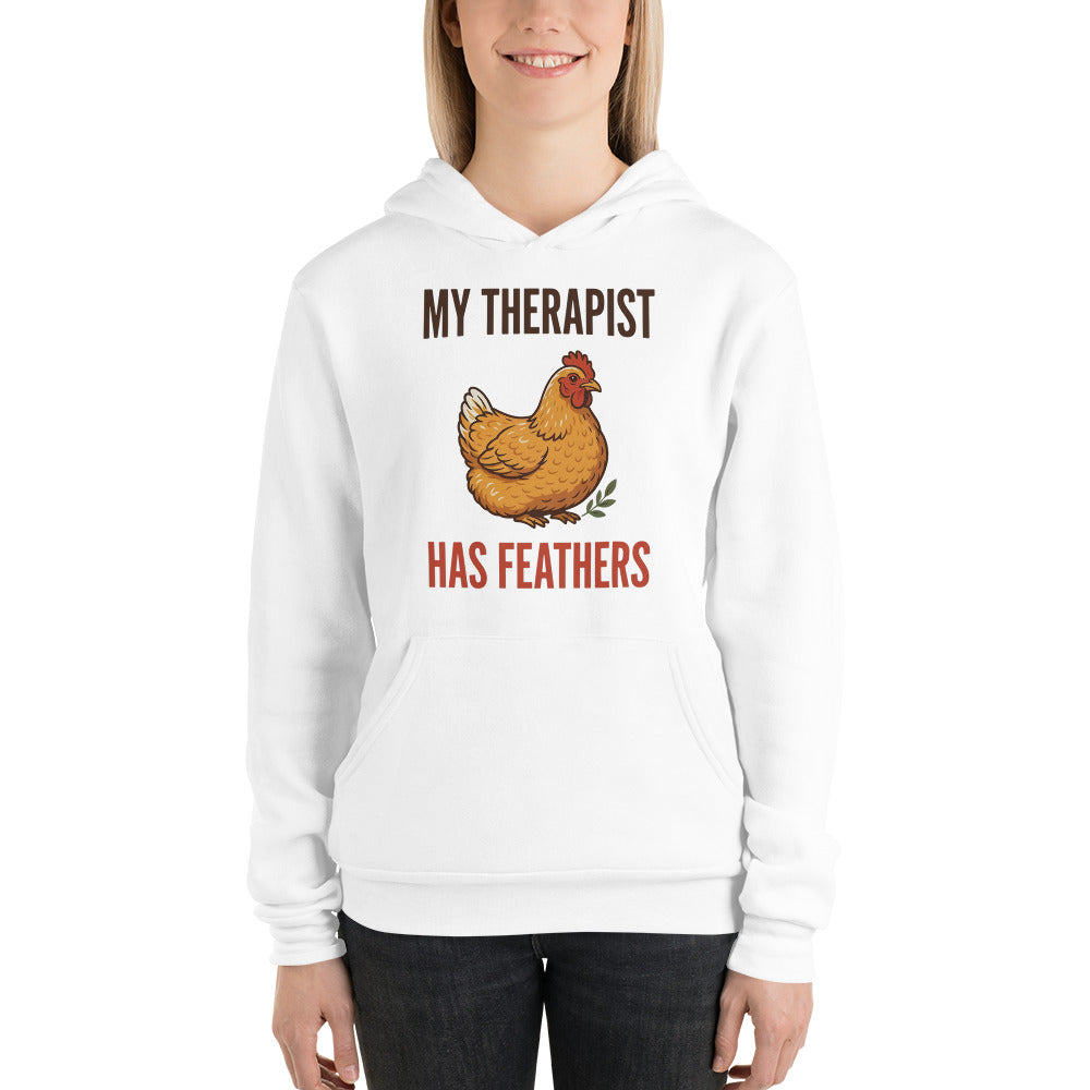 My Therapist Has Feathers funny chicken keeper hoodie — White, on model