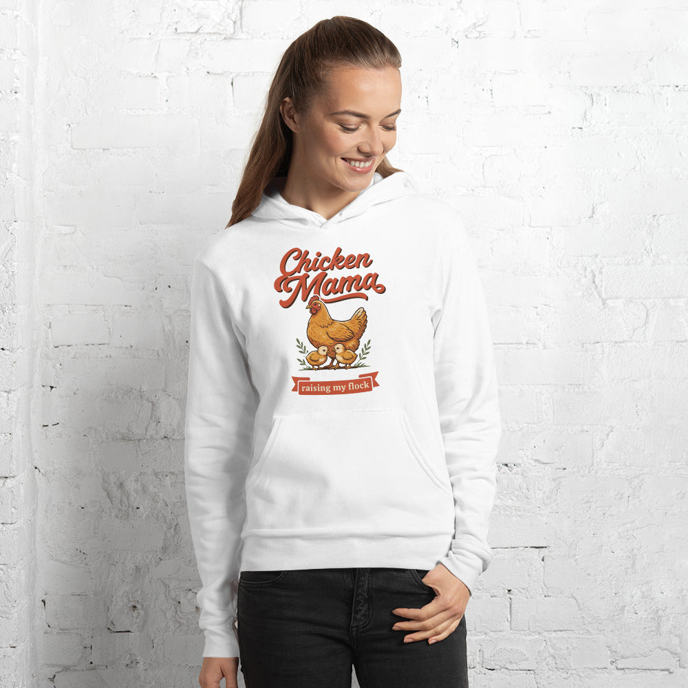 Chicken Mama raising my flock chicken keeper hoodie — White, on model