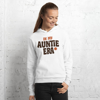 In My Auntie Era retro groovy aunt hoodie — White, on model